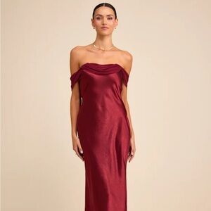 Alaida Wine Red Satin Off-the-Shoulder Maxi Dress Size XS